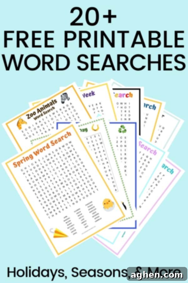 Huge list of 20+ free printable word searches you can download, including seasonal, holiday, and many more topics of word search printable puzzles for children.