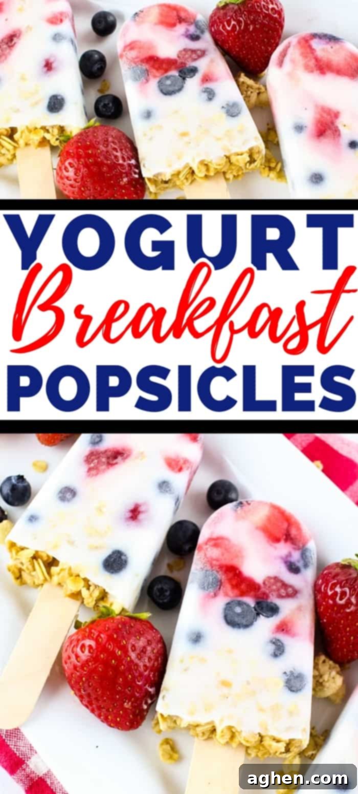 These easy yogurt popsicles are packed with fresh berries and granola, making them a tasty frozen breakfast to enjoy on-the-go on busy mornings.