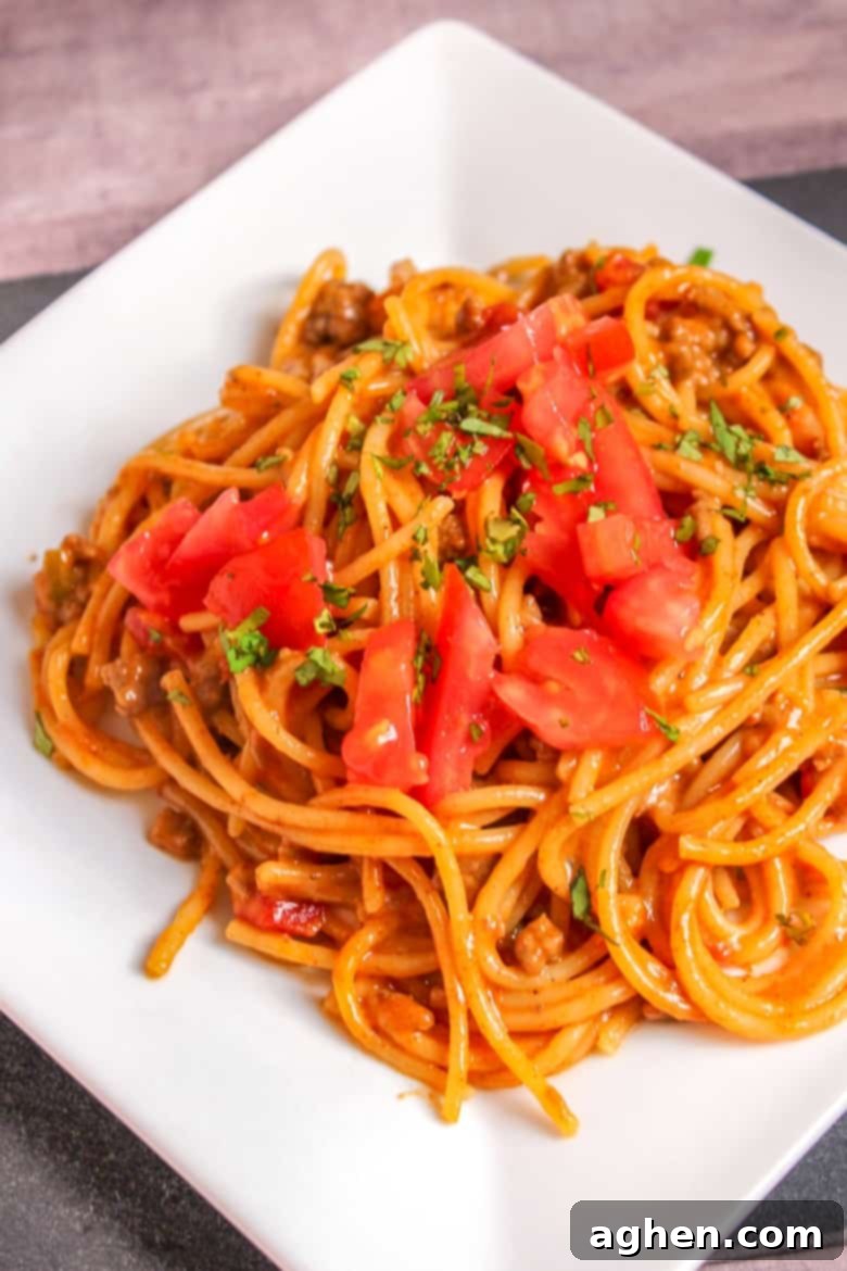Delicious One-Pot Taco Spaghetti, a quick and easy Mexican-inspired dinner