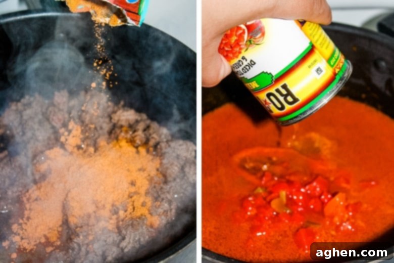 Taco seasoning, Ro*tel, and water being added to a pot of cooked ground beef