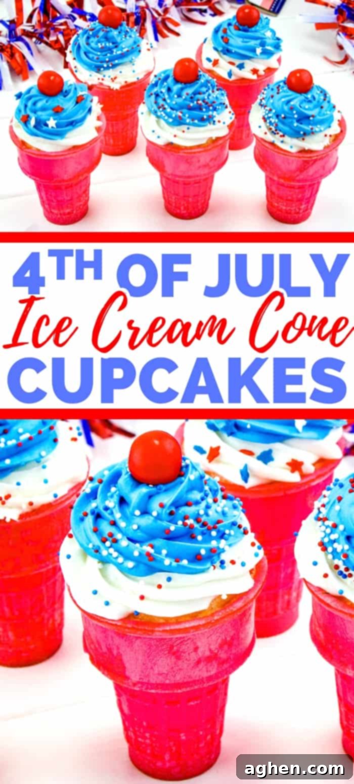 Pinterest Pin: Easy Red, White & Blue Ice Cream Cone Cupcakes for 4th of July or Memorial Day. Features colorful cupcakes in cones with sprinkles and a cherry on top, perfect for sharing on social media.