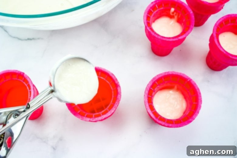 Scooping white cake batter into red ice cream cones, meticulously placed upright on a baking sheet, ready for the oven to bake into patriotic ice cream cone cupcakes.
