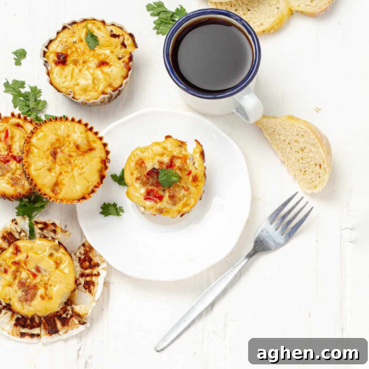 Weight Watchers Pork Egg Bites: Effortless On-the-Go Breakfast Solution 2 Delicious and healthy Pork Egg Cups served alongside a cup of steaming black coffee, ready for a nutritious breakfast.