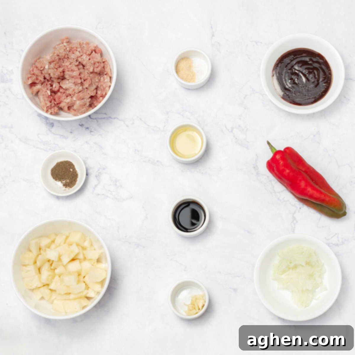 Hawaiian Pork Meatballs Ingredients laid out on a cutting board
