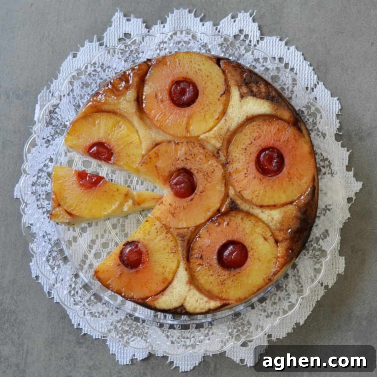 Finished pineapple upside down cake on a platter