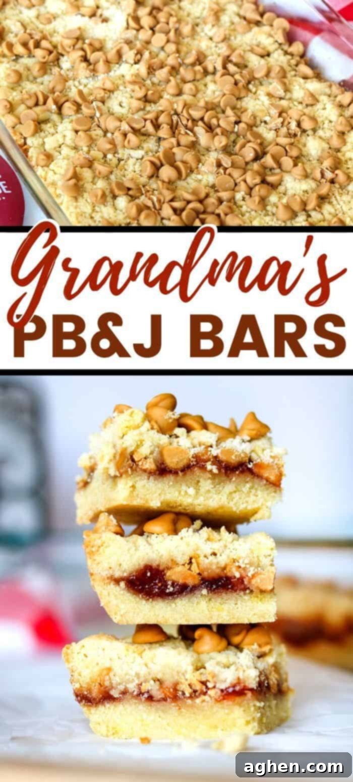 Nostalgic Peanut Butter & Jelly Squares 8 A Pinterest-optimized vertical image featuring a beautifully arranged stack of Grandma's classic Peanut Butter and Jelly Bars, highlighting their delicious layers and making them perfect for sharing on social media.