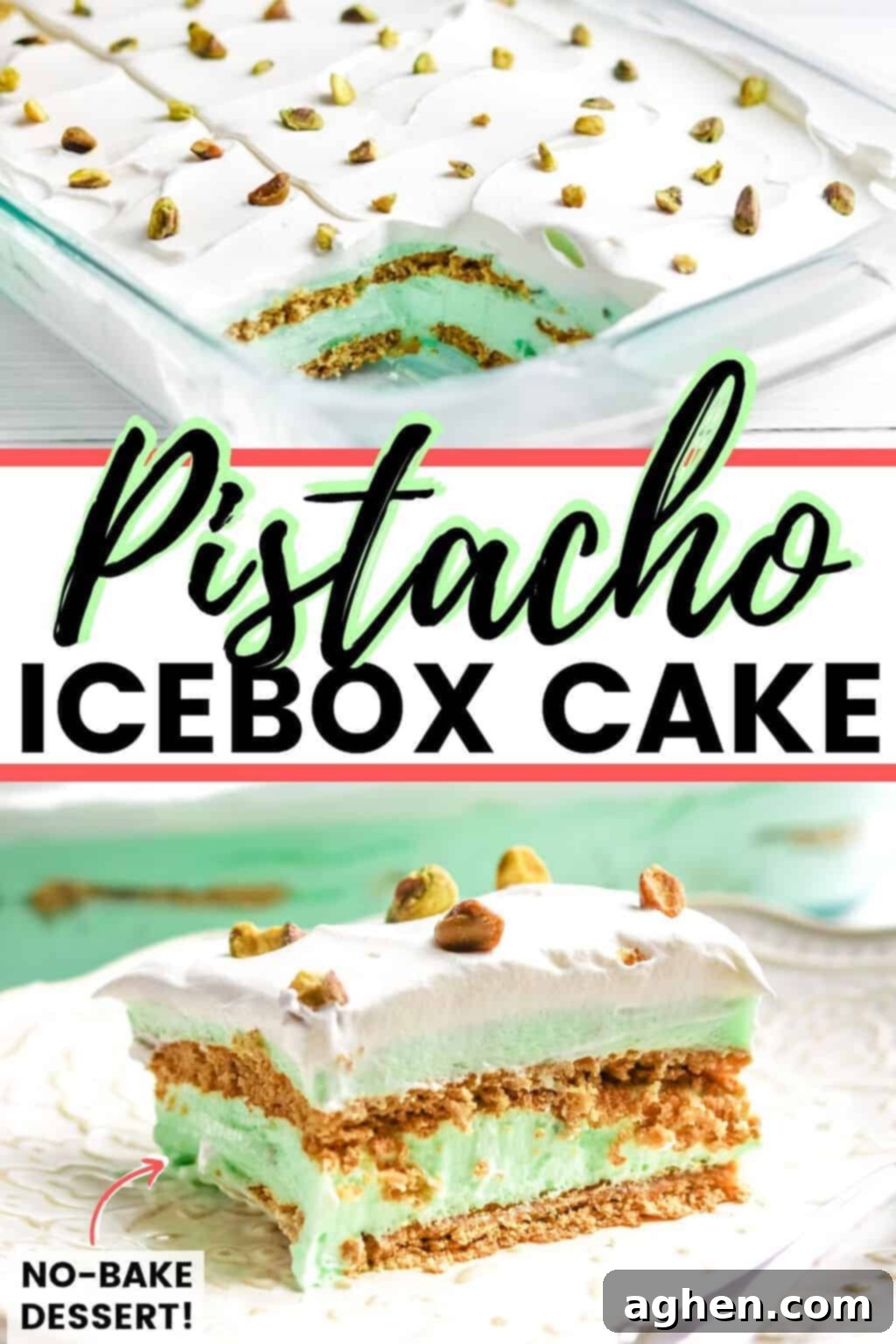 Pinterest collage pin, reads: Pistachio Icebox Cake; no bake dessert!