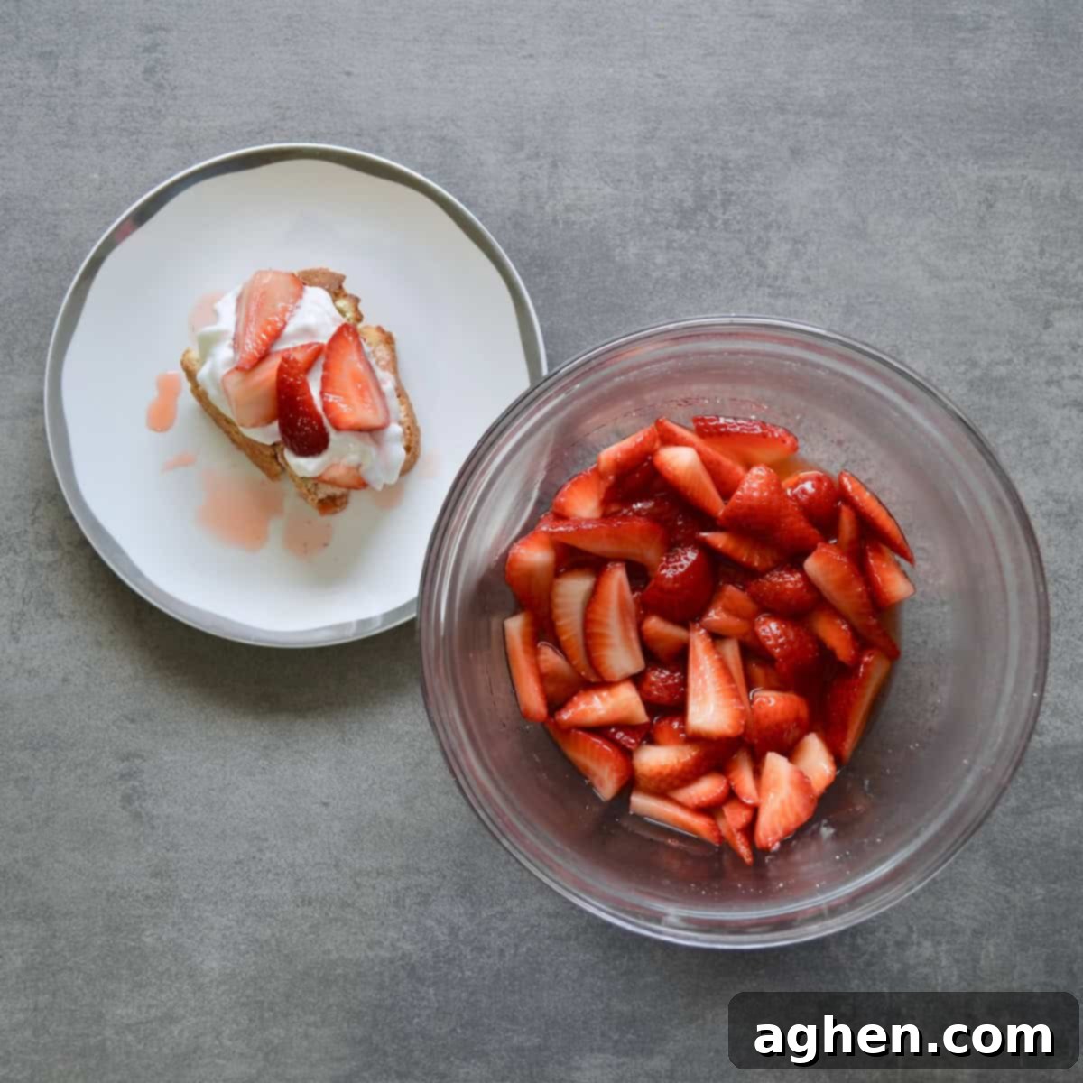 Plated shortcake and bowl of macerated strawberries