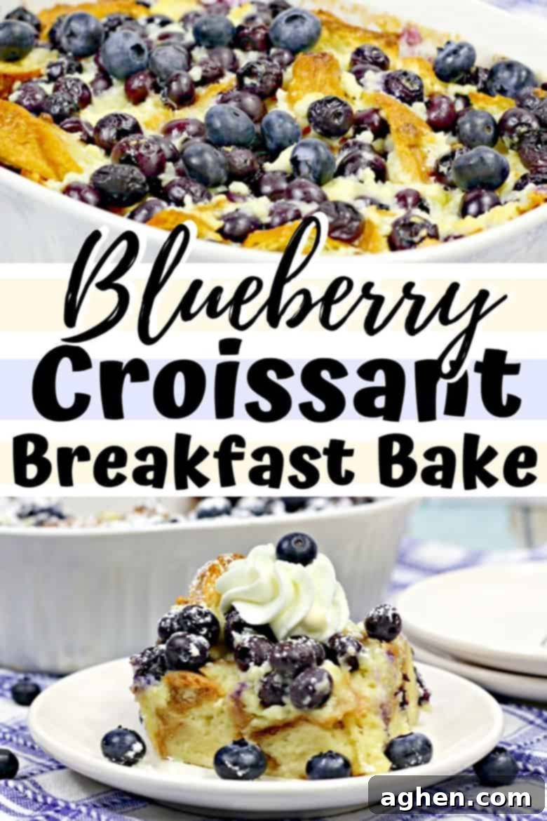 A stunning vertical image of the baked blueberry croissant casserole, perfectly styled for Pinterest, highlighting its golden crust, plump blueberries, and creamy interior. Pin this delightful recipe now to save it for future breakfasts, brunches, and special occasions!