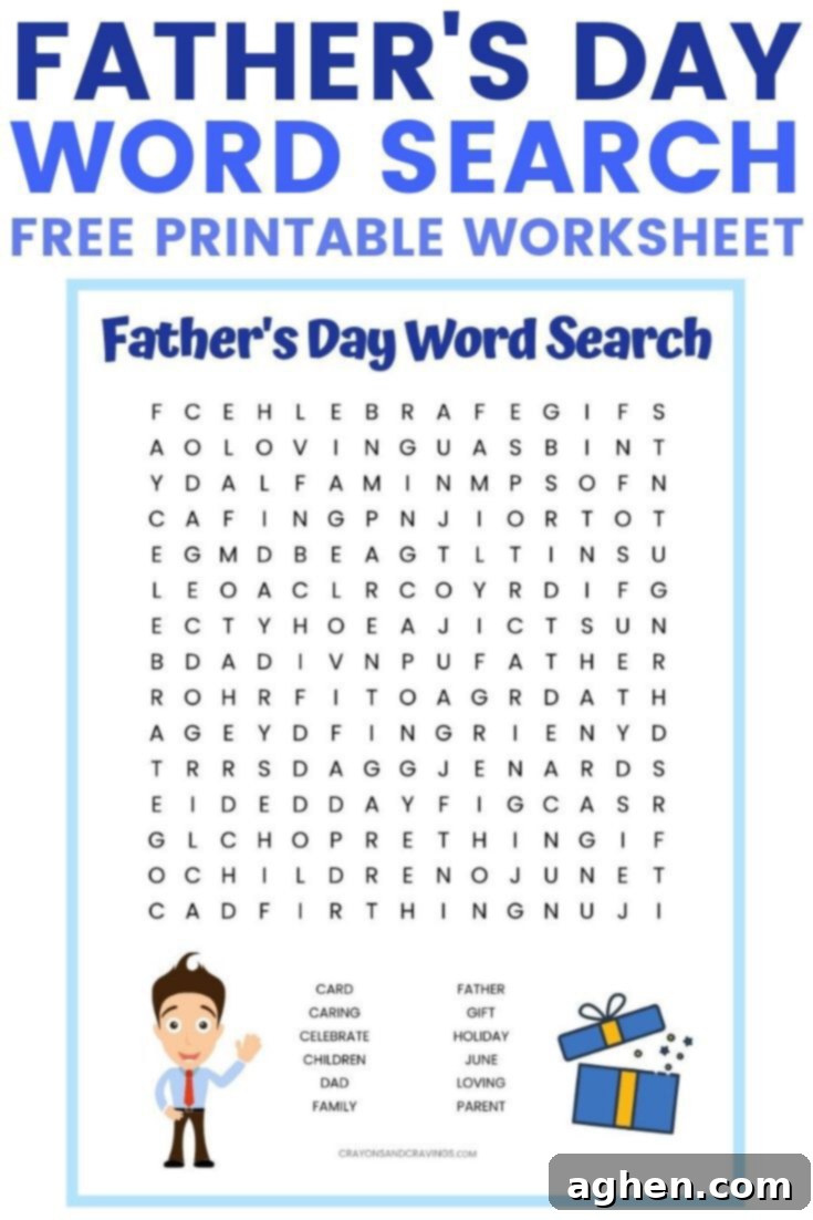 Father's Day Word Search printable worksheet with 12 Father's Day themed vocabulary words to find. A fun kid's activity for the classroom or at home.