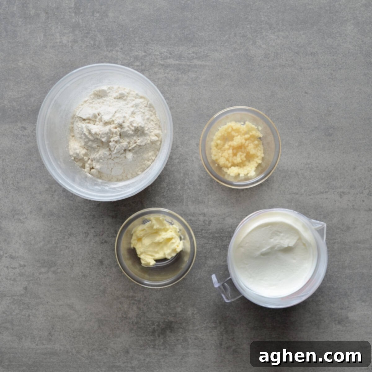 Ingredients laid out for making the bread dough and garlic butter