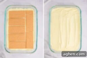 Two image collage of lemon icebox cake being made by laying graham cracker sheets over layer of pudding and adding another pudding layer.