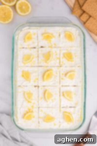 Lemon dessert topped with cool whip and lemon zest sliced in to 15 square pieces. Each slice is topped with a piece of lemon.