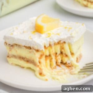 Layered lemon pudding, graham cracker, and cool whip dessert topped with a fresh lemon slice.