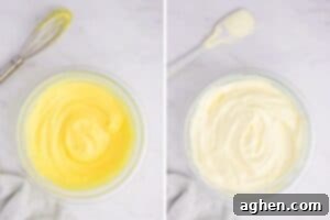 Glass mixing bowl and wire whisk with lemon pudding before and after cool whip is folded in.