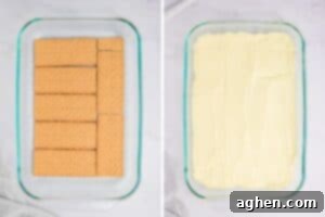 Two image collage of glass 9x13 baking dish with layer of graham crackers laid in the bottom and then topped with lemon pudding.