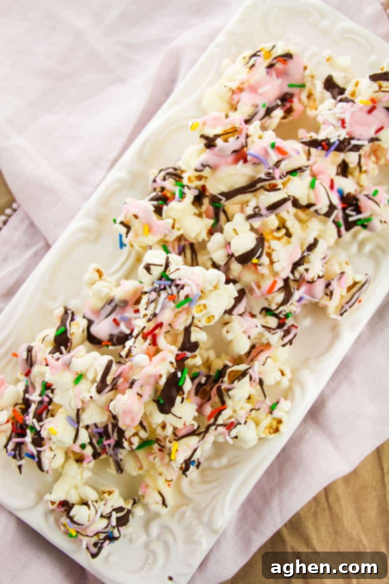 Delicious Sundae Popcorn with chocolate, sprinkles, and mini marshmallows