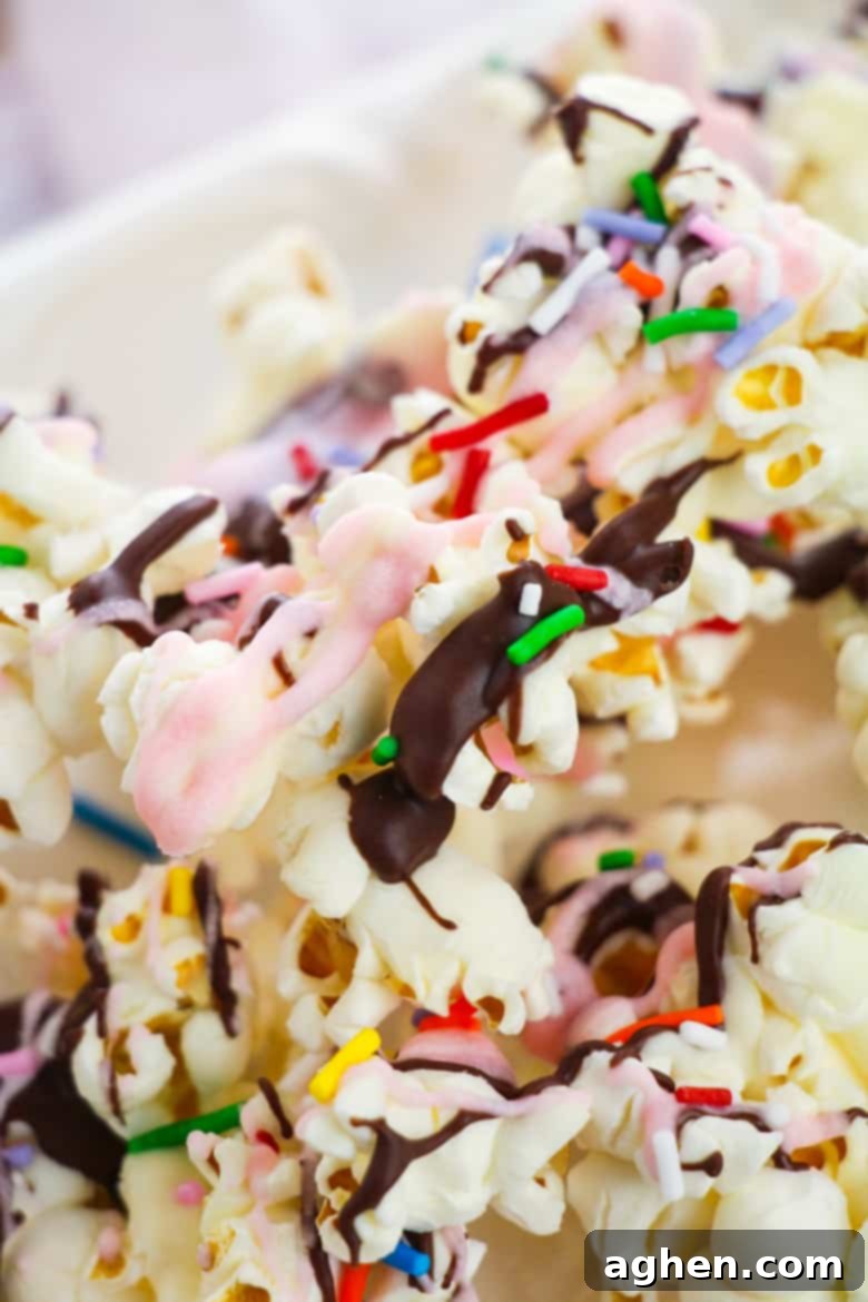 Sundae Popcorn with colorful sprinkles and chocolate drizzle