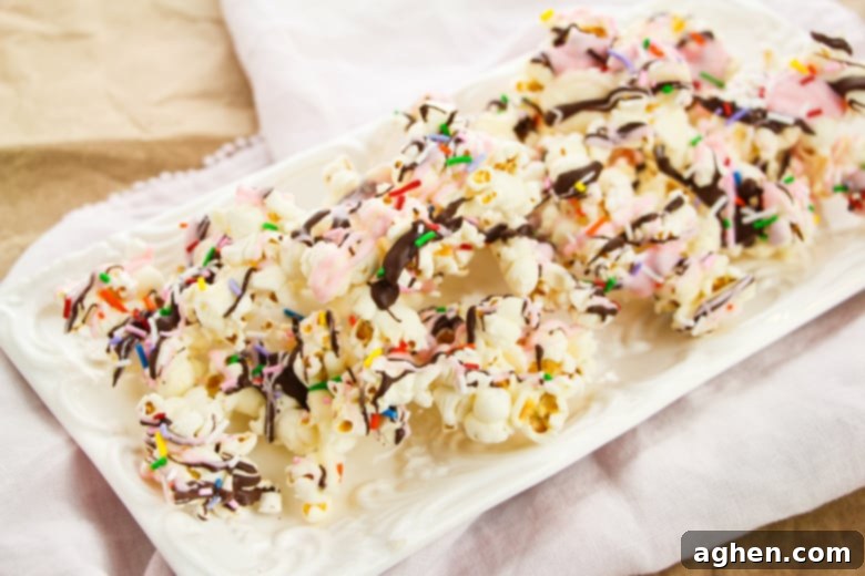 Close-up of Sundae Popcorn recipe with chocolate, sprinkles, and marshmallows