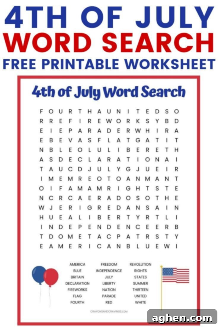 4th of July Word Search Free Printable Worksheet.