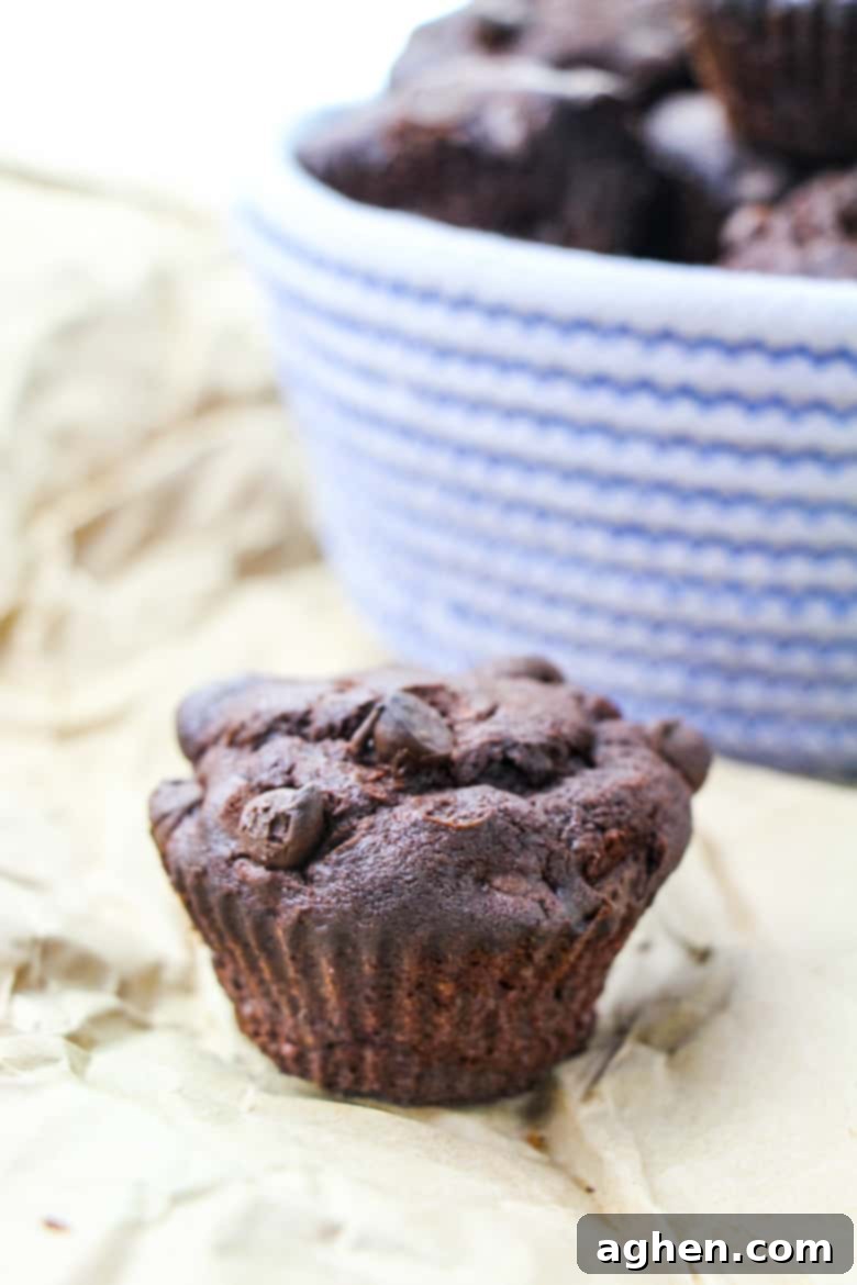 Ultimate Double Chocolate Banana Muffins 4 A single double chocolate chip muffin next to bowl of muffins.