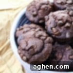 Ultimate Double Chocolate Banana Muffins 6 Double chocolate muffins in woven bowl