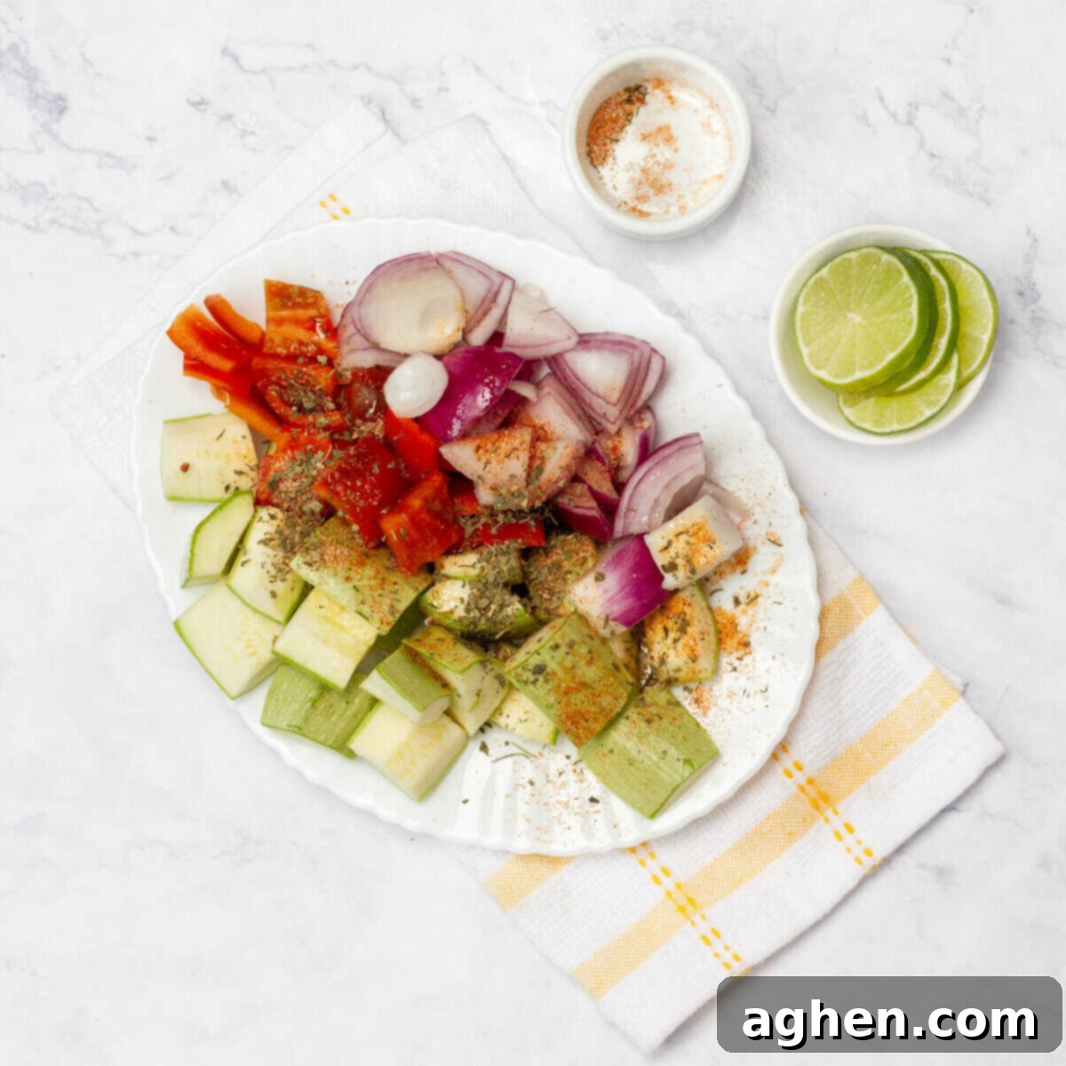 Zesty Herb Salmon Skewers 5 Skewers with salmon and vegetables ready for grilling