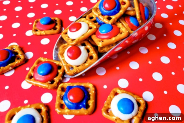 Festive Red, White, and Blue 4th of July Pretzel Bites on a baking sheet