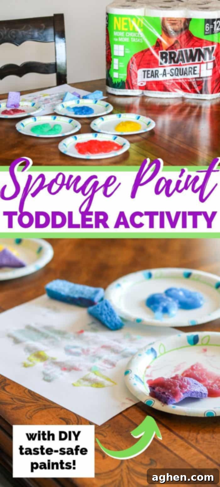 Sponge paint toddler art project - a fun process art activity using homemade taste-safe paints with supplies from your pantry. Ideal for creative toddlers and easy cleanup.