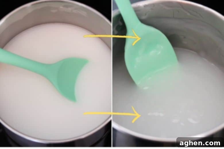 The thickening process of homemade paint ingredients, showing the transition from a thin white liquid to a thick, translucent, goopy substance in a saucepan.