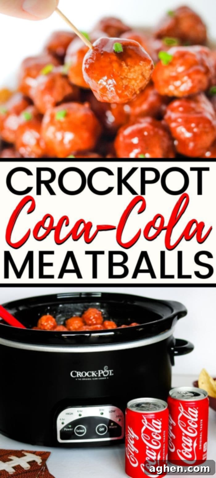 Crockpot Coca-Cola Meatballs, a savory and sweet 3-ingredient recipe perfect for game day or parties, slow cooked to perfection.