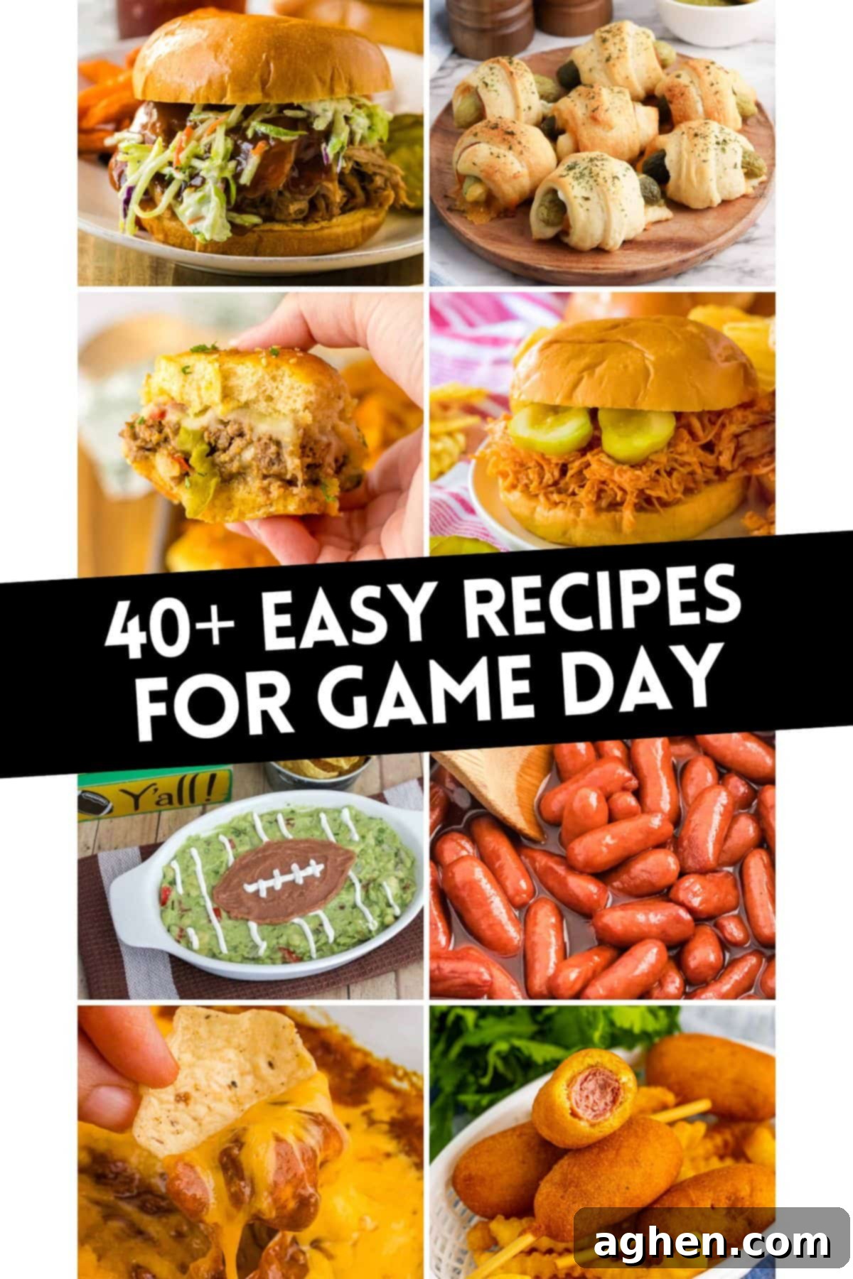 A food collage labeled "40+ Easy Recipes for Game Day," featuring a barbecue pork slider with slaw, crescent-wrapped pickles, cheesy sliders, hot honey chicken sandwiches, football-shaped guacamole, cocktail sausages, cheese dip with tortilla chips, and mini corn dogs.