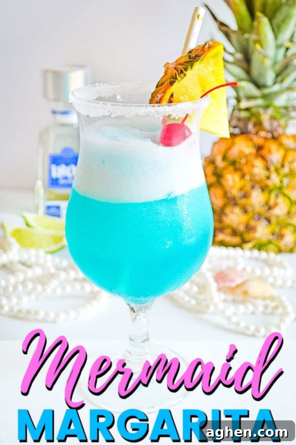 Pin image for Frozen Mermaid Margarita cocktail recipe, featuring a vibrant blue drink with tropical garnishes