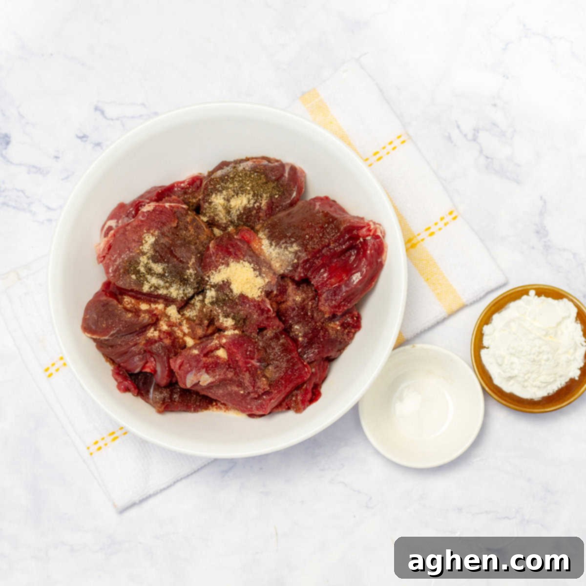 beef cubes coated with flour and seasoning