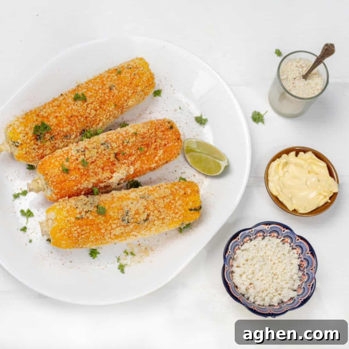 Mexican Street Corn served with yogurt and cheese