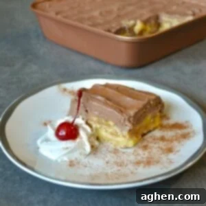 A delicious slice of chocolate banana icebox cake with visible layers