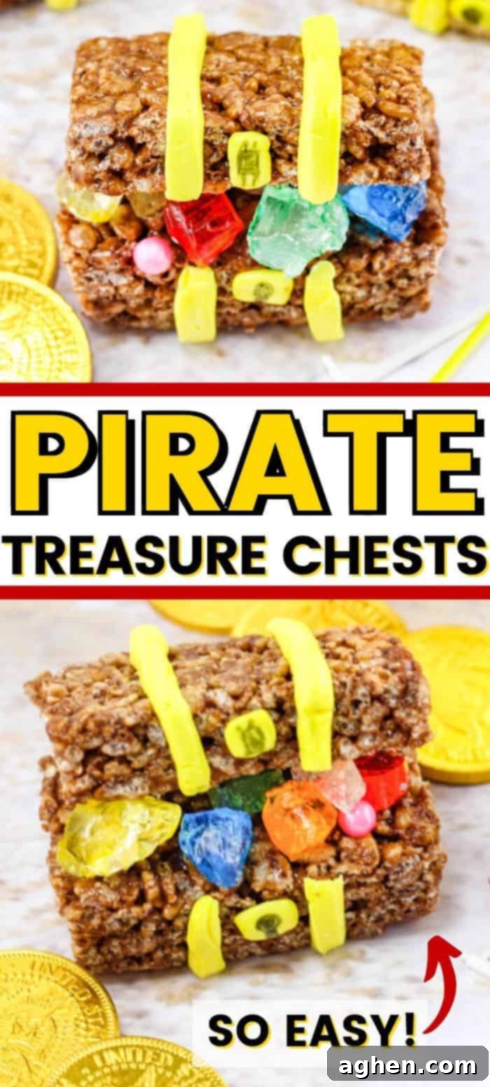 A Pinterest-optimized image featuring finished edible pirate treasure chests with the title 'Easy Edible Pirate Treasure Chest Treats'.