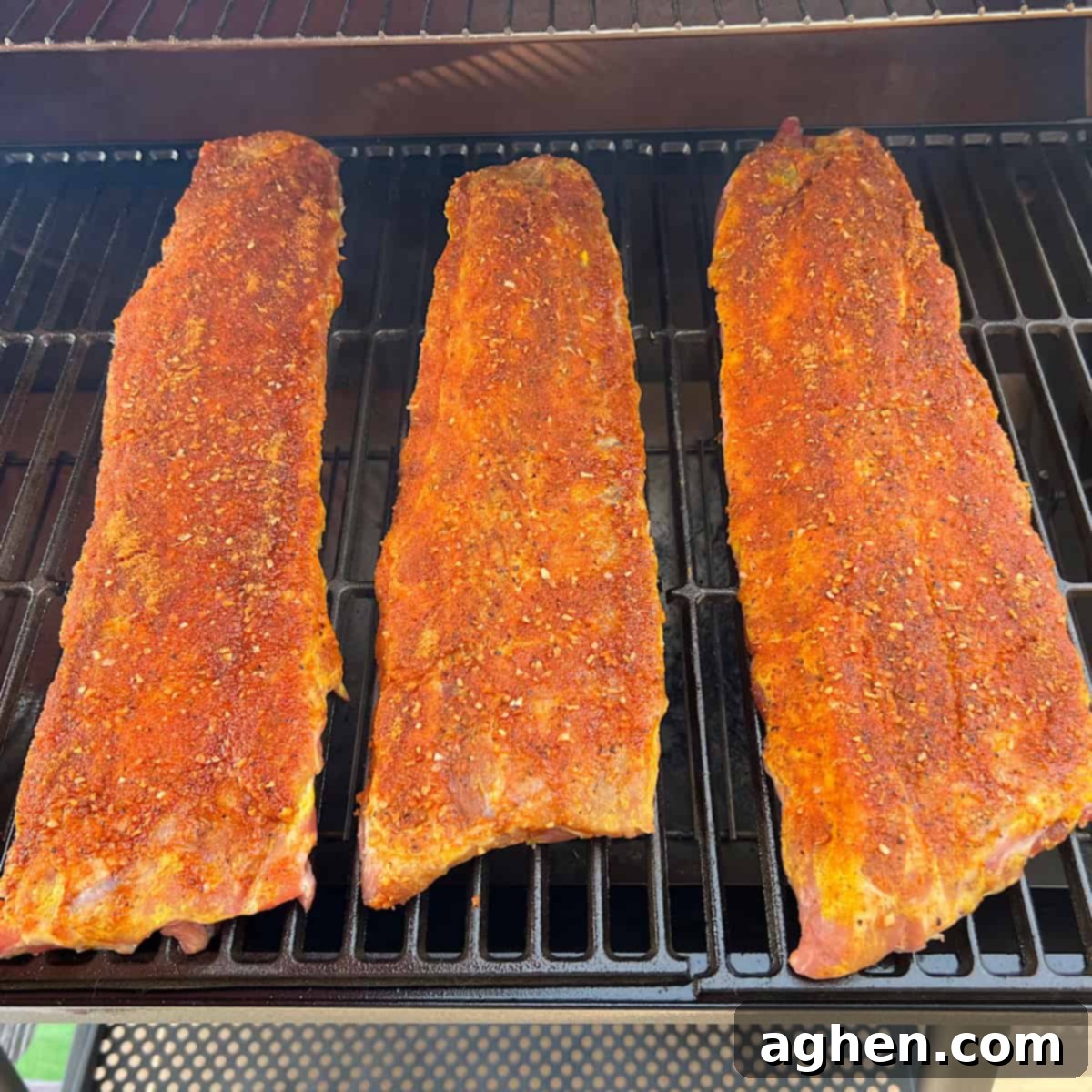 Award Winning Smoked Baby Back Ribs 8 Baby back ribs carefully placed on an offset smoker grate.