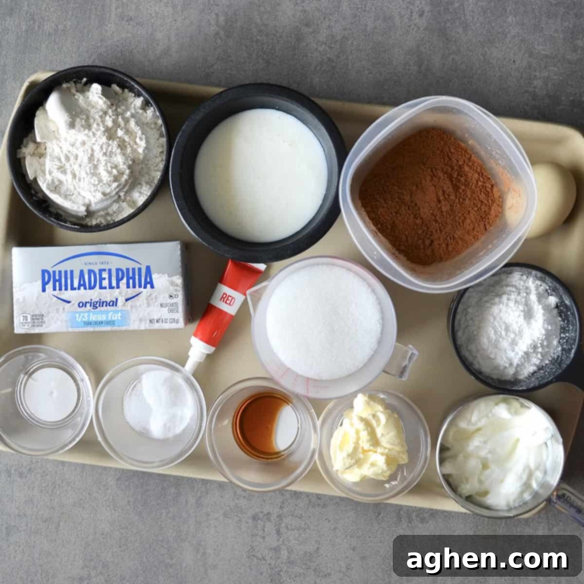 Ingredients for homemade cupcakes laid out on a counter.