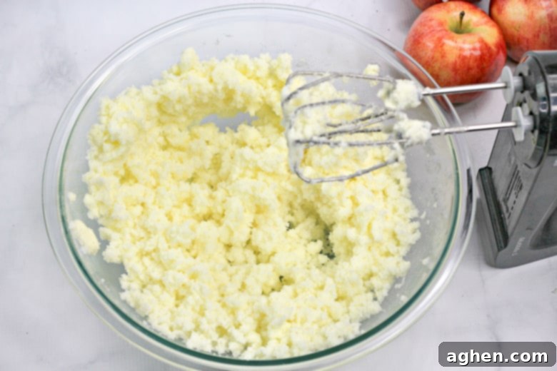 Close-up of creamed butter and sugar mixture in a mixing bowl