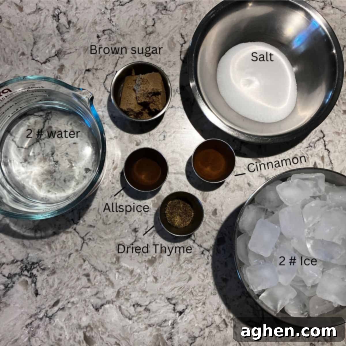 Masterbuilt Smoker Secrets for Irresistible Ribs 3 Brine ingredients for smoked ribs, including ice, water, salt, brown sugar, allspice, cinnamon, and dried thyme in separate dishes.