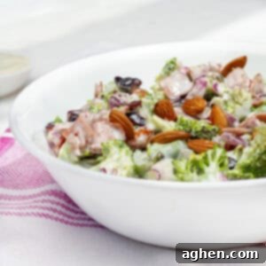 A healthy yet creamy twist on the classic Midwestern broccoli salad with ham and dried cranberries.