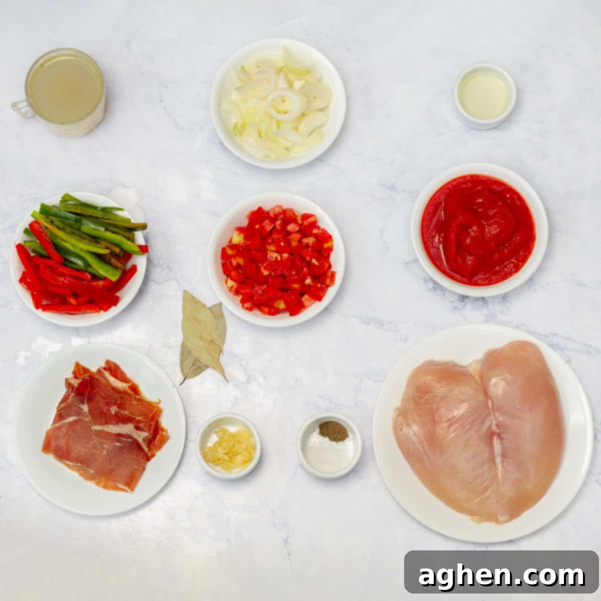 Chicken Chilindrón A Fresh Take On A Classic 3 Chicken Chilindrón ingredients of chicken breasts, peppers, ham, onions, garlic, tomato paste, oil, and seasonings.