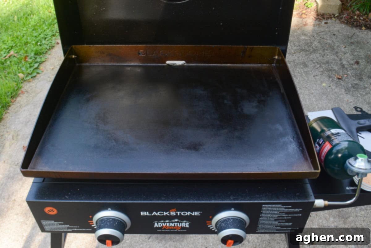 The Ultimate Blackstone Nacho Recipe 4 A Blackstone griddle is shown preheating on a low setting, with the burners visible.