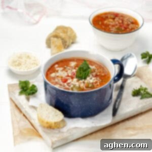 Stuffed Pepper Stew 7 Chunky Stuffed Pepper Soup in a pot, served and ready to eat.