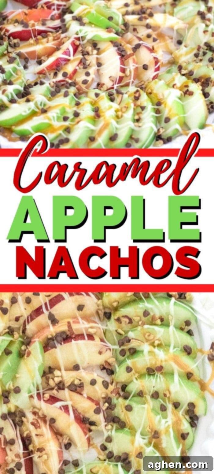 A beautifully arranged pin graphic for Caramel Apple Nachos, showcasing the delicious combination of sliced apples, caramel, melted white chocolate, and various toppings, inviting viewers to discover this easy recipe.