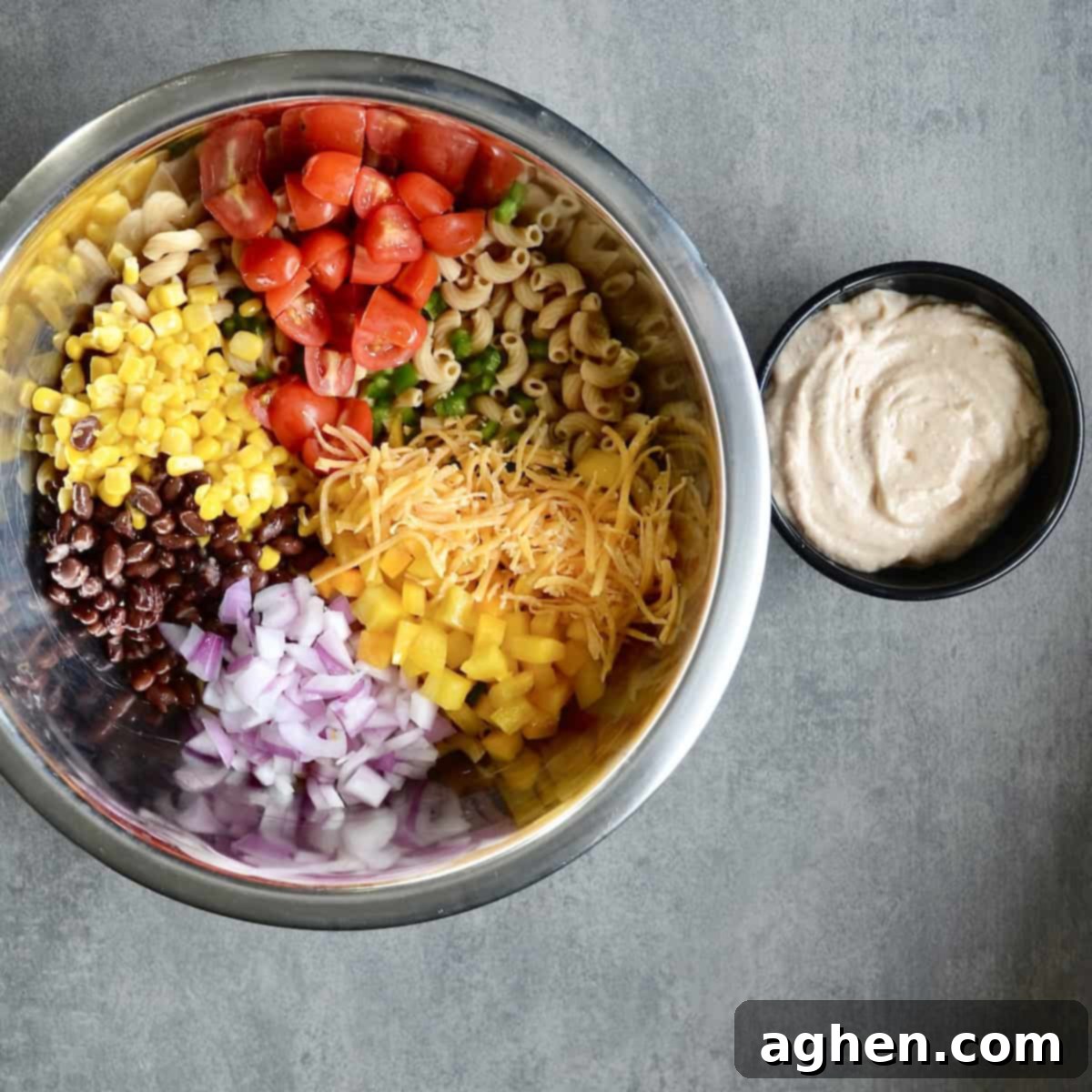 Weight Watchers' Signature Southwest Macaroni Salad 5 Pasta salad ingredients in a large bowl