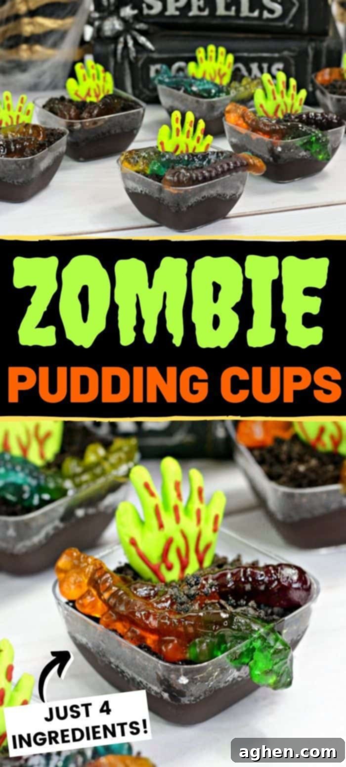 Pin this Zombie Pudding Cups recipe for your Halloween party to easily find it later. Features a vertical image of the pudding cup.