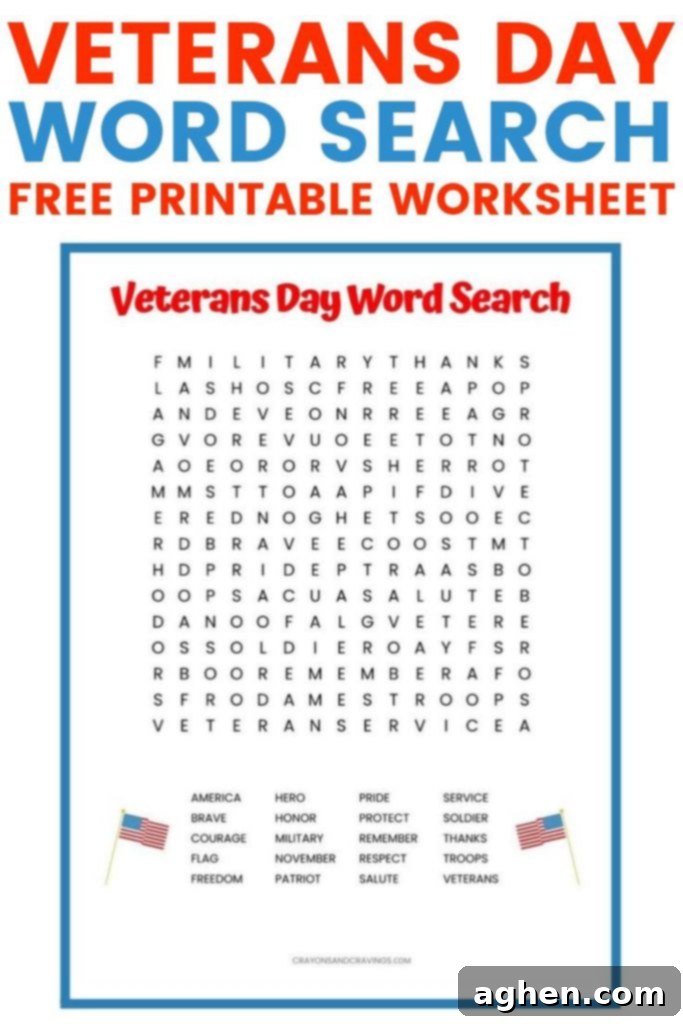 Veterans Day Word Search Worksheet for Kids