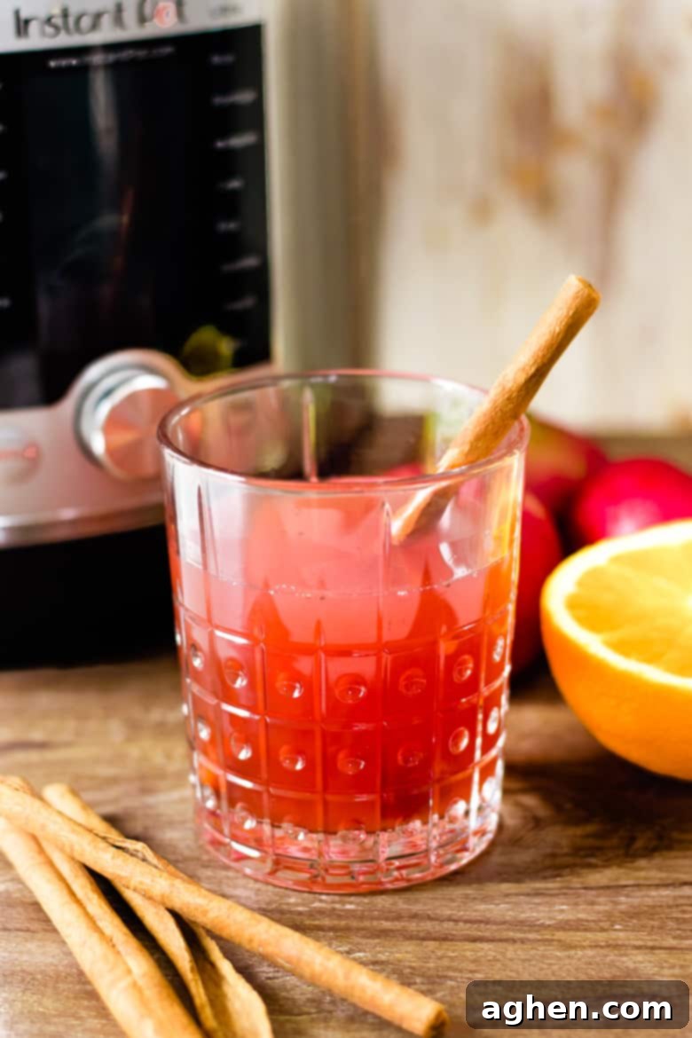 apple cider in glass next to instant pot